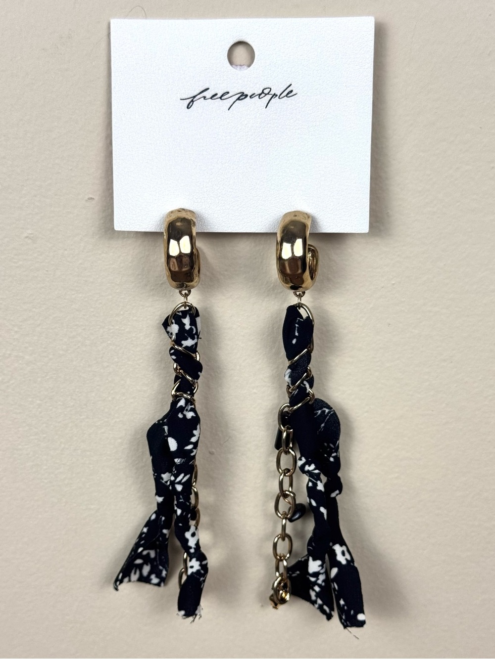 Free People Black & White Floral Twisted Fabric Tassel Earrings